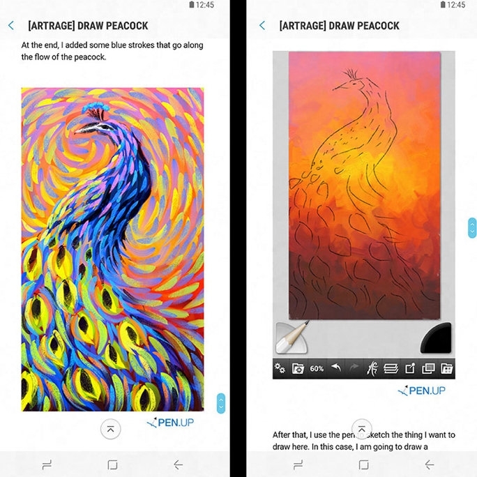 Samsung의 디지털 드로잉 아티스트 커뮤니티 PENUP 앱의 그리기 수업 중 화면