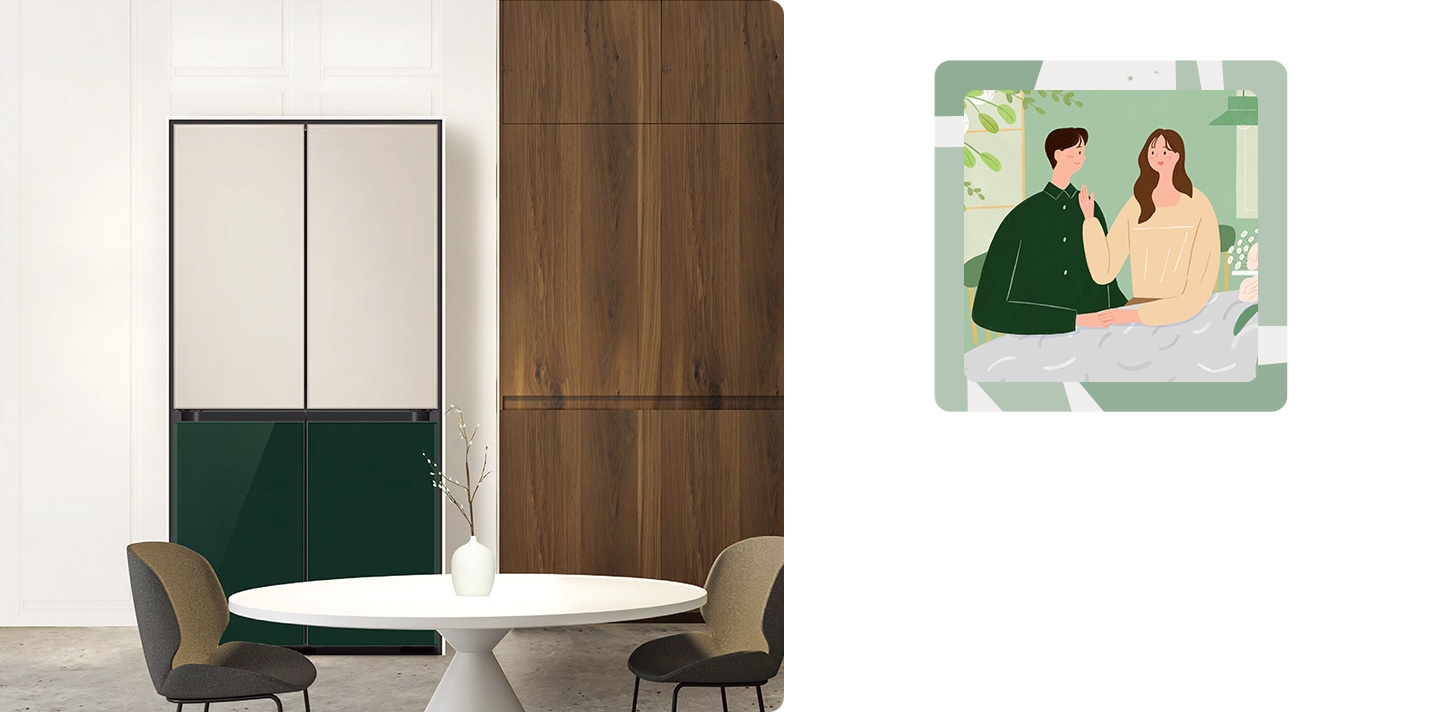 우드와 화이트 톤의 공간에 4도어 비스포크 냉장고가 놓여있습니다. 녹색 톤의 공간에서 녹색 이미지의 상의를 입은 남자와 베이지색 옷을 입은 여성이 식탁에 앉아 있는 일러스트 이미지입니다.