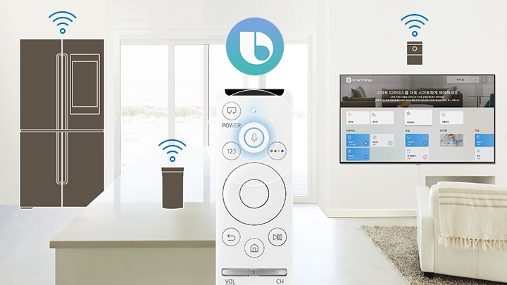 Bixby 아이콘이 있는 리모컨 하나와 Wi-Fi 아이콘이 있는 IoT 장치가 거실 및 부엌에 배치되어 있습니다(냉장고, 스피커, 모션 센서).