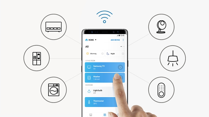 SmartThings Dashboard(스마트 TV, 냉장고, 세탁기, 카메라, 조명 및 잠금) 아이콘이 있는 휴대폰의 Dashboard입니다.