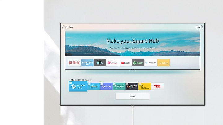 Smart Hub 만들기"라는 제목의 스마트 TV와 Smart Hub 미리보기 화면이 표시됩니다. 좋아하는 앱을 추가하여 자신만의 스마트 허브를 만들 수 있습니다