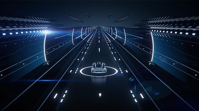 The Future of Autonomous Driving: Samsung’s Memory Component Solutions. A futuristic vehicle with the glowing edges is in the starting position on the road.