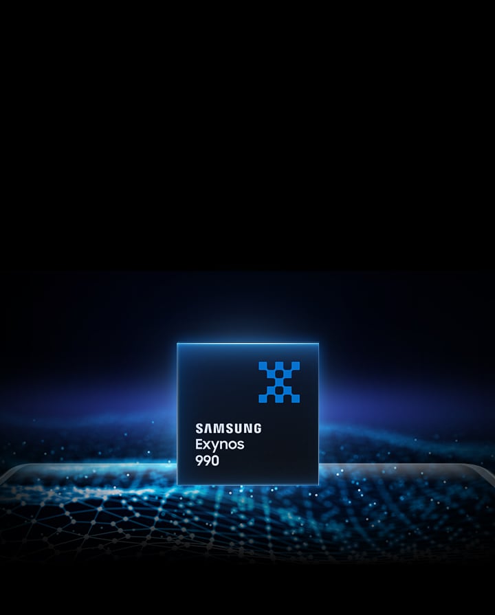 An illustrative image of Exynos 990 on top of semitransparent smartphone against an image of the neural network.