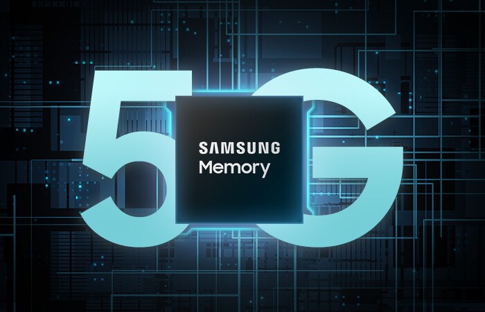 Samsung memory against an image of the glowing logic board to illustrate the potential of 5G.