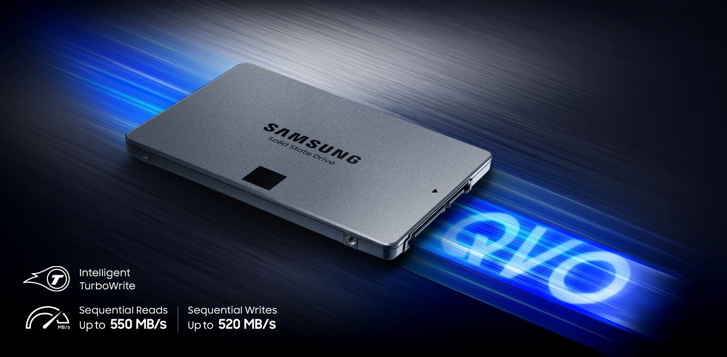 Samsung SSD 860 QVO; Intelligent TurboWrite, Sequential Reads up to 500 MB/s, Sequential Writes up to 520 MB/s.