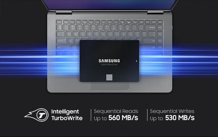  An illustrative image of SSD 870 EVO chip above laptop.  