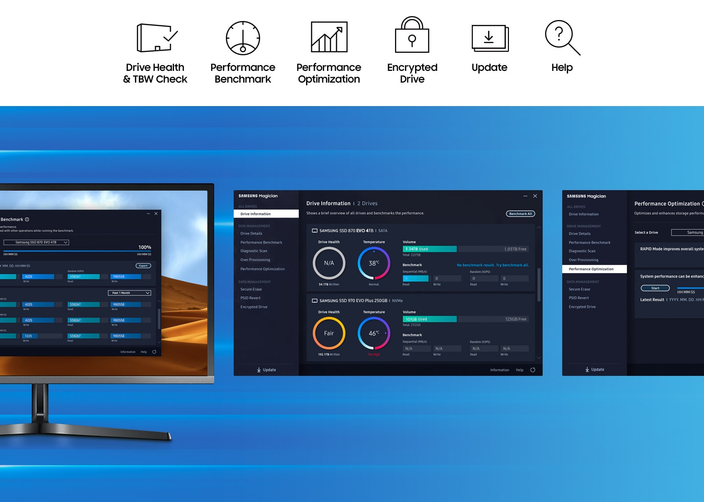 An illustrative image of Samsung Magician software to manage drive with a wide range of useful tools.