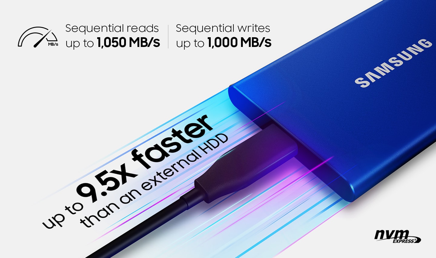 Samsung Portable SSD T7 Touch has sequential reads up to 1,050 MB/s and sequential writes up to 1,000 MB/s, which is up to 9.5x faster than an external HDD.