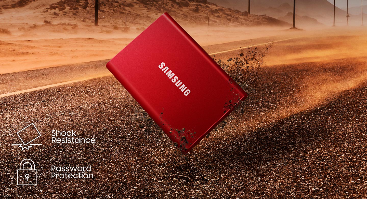 An image shows the ruggedness of the Portable SSD T7.