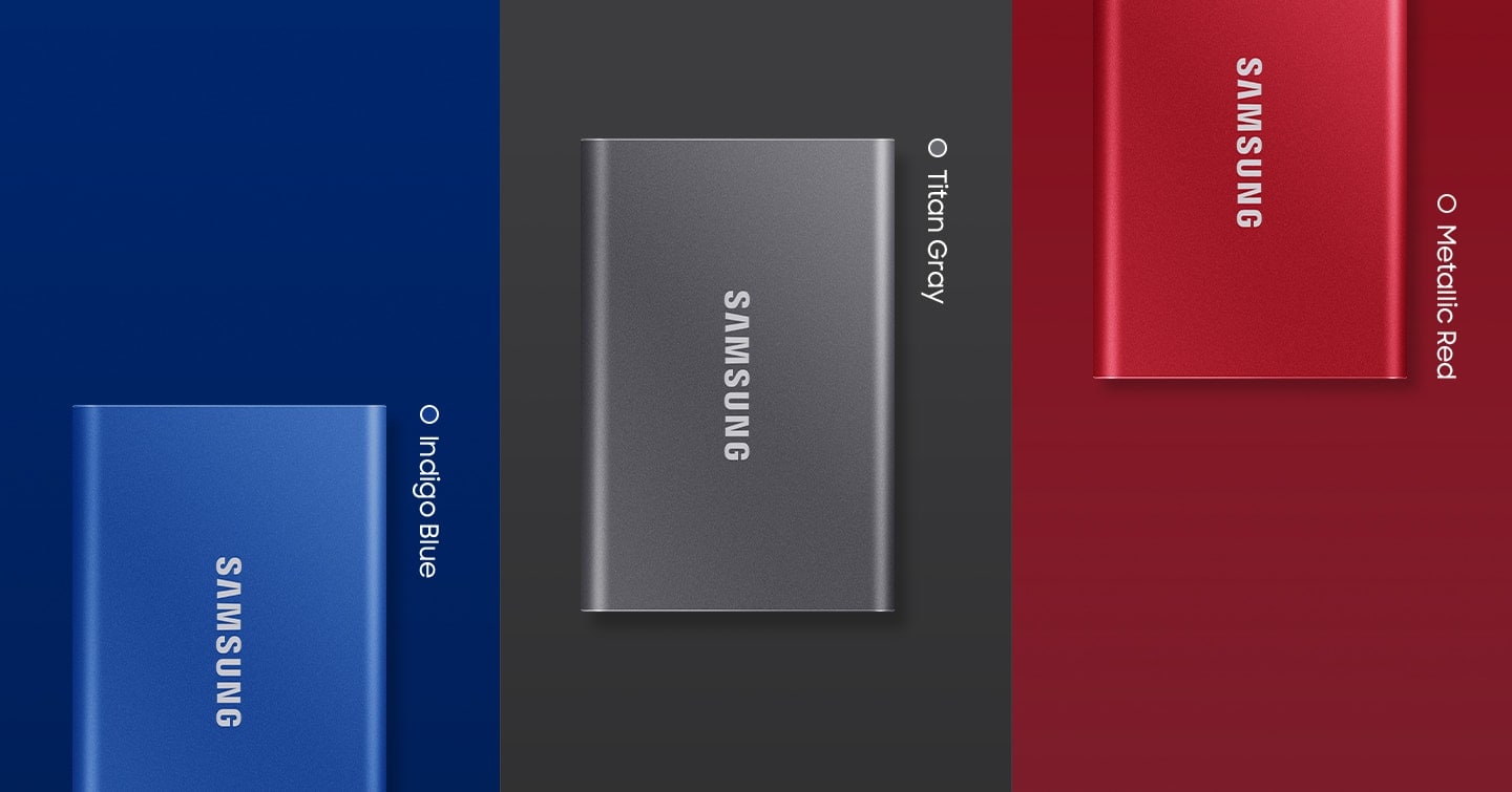 Three color images of the Portable SSD T7. We have red, blue, and gray products.