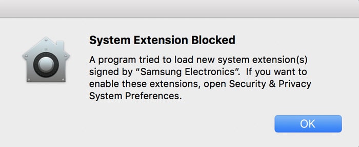 System Extension Blocked Alert Image on the Mac OS