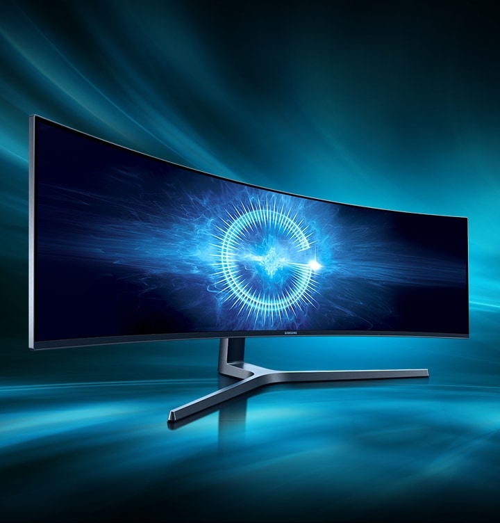 QLED gaming monitor products are shown on a blue background.