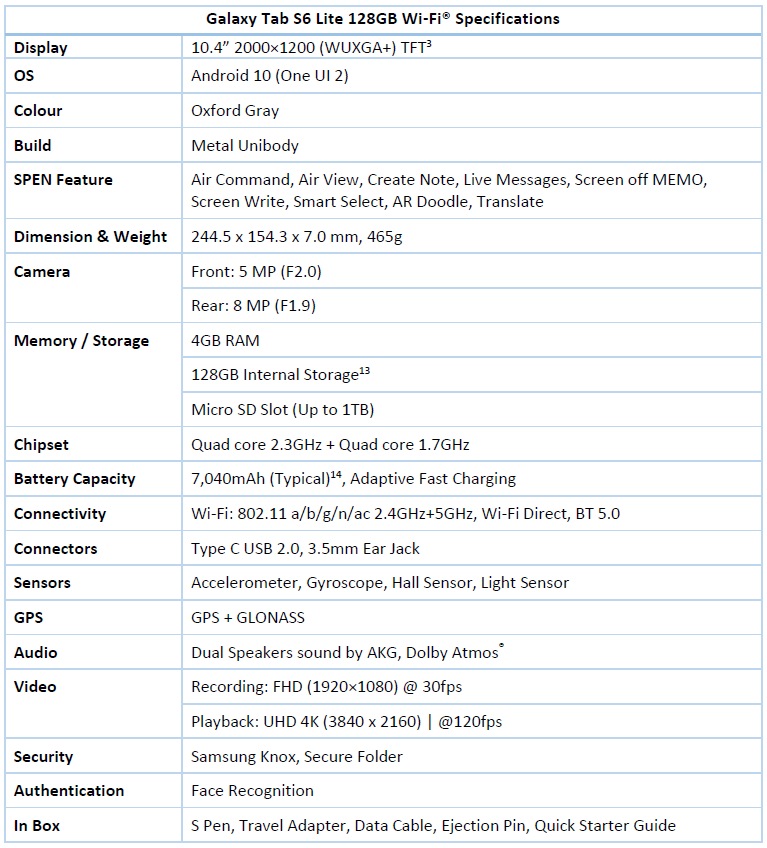 samsung galaxy tab s6 lite specs