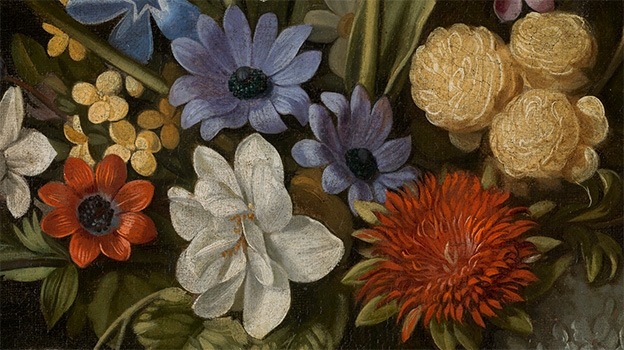 Juan van der Hamen, Still Life with Artichokes, Flowers and Glass Vessels. Detail (1627)