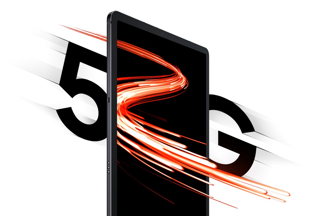 一 剎那 的 光線 穿過 Galaxy Tab S7+, ， 5 到 g 之間, 顯示 5G 的 極 速