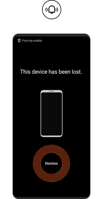 A smartphone which ringtone is ringing to notify the loss. The ‘Ring my device’ icon hovers above the smartphone.