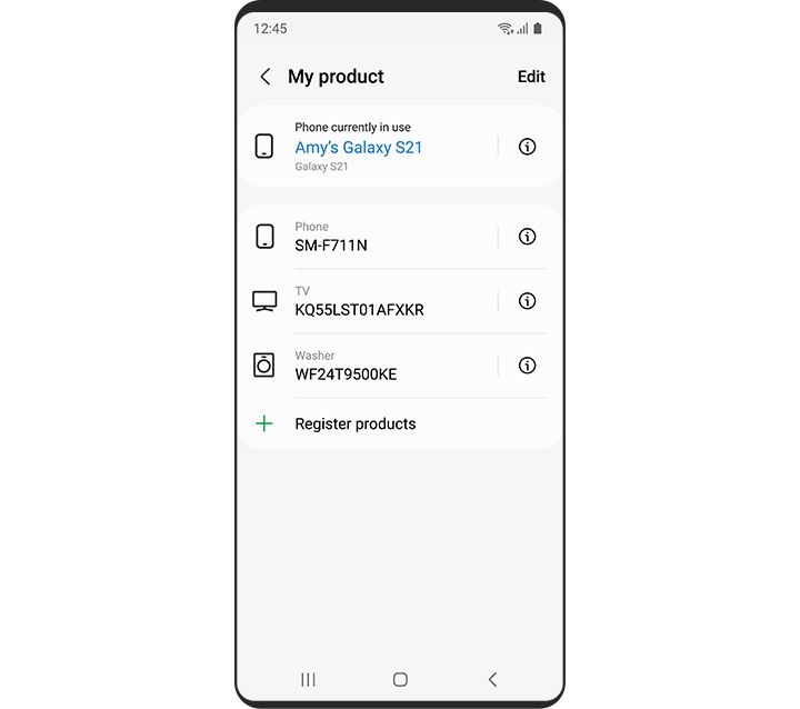 Galaxy smartphone showing a list of products on the Samsung Members app.