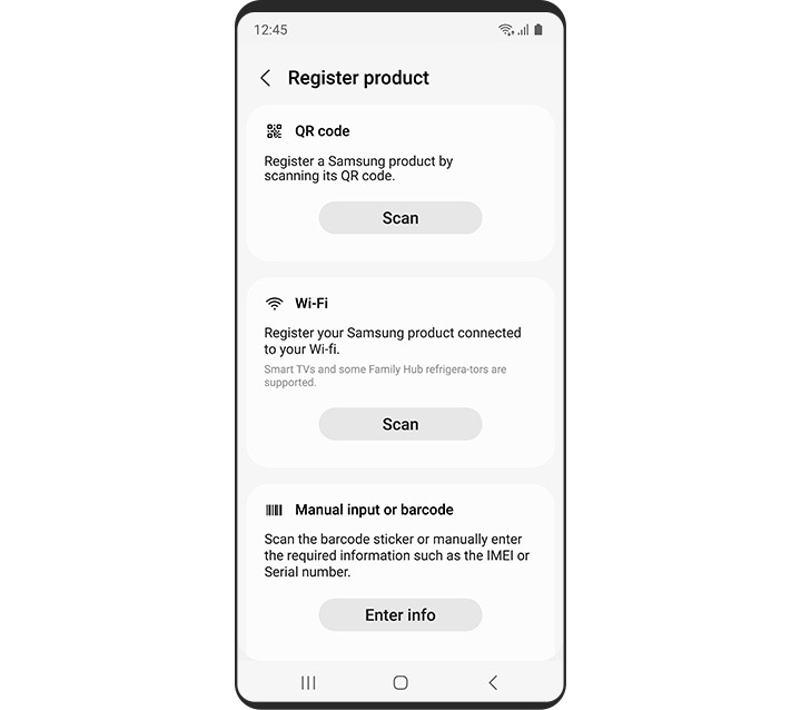 Galaxy smartphone showing methods for registering a product onto the Samsung Members app, including Scan QR Code, Scan Wi-Fi, or Enter info or Scan barcode.