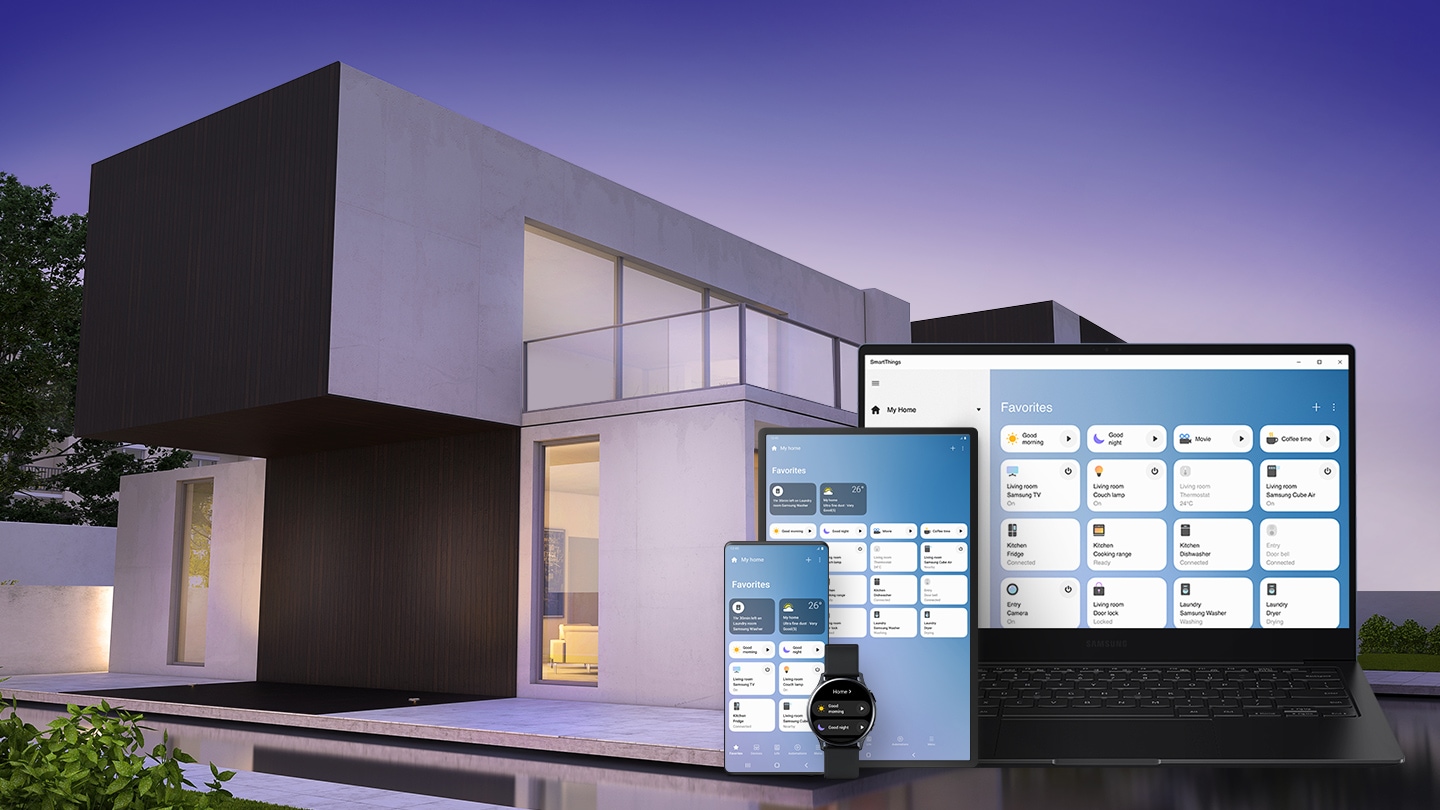 A large, modern house in the background with a Galaxy smartphone, tablet, smart watch, and Galaxy Book devices in the foreground. All 4 screens show the SmartThings GUI with options to operate various home devices.