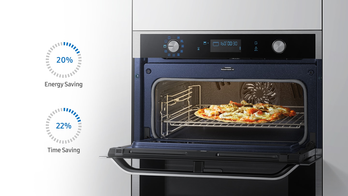 Photo of the Dual Cook Flex highlighting the 20% energy saving when using just the top half of the oven