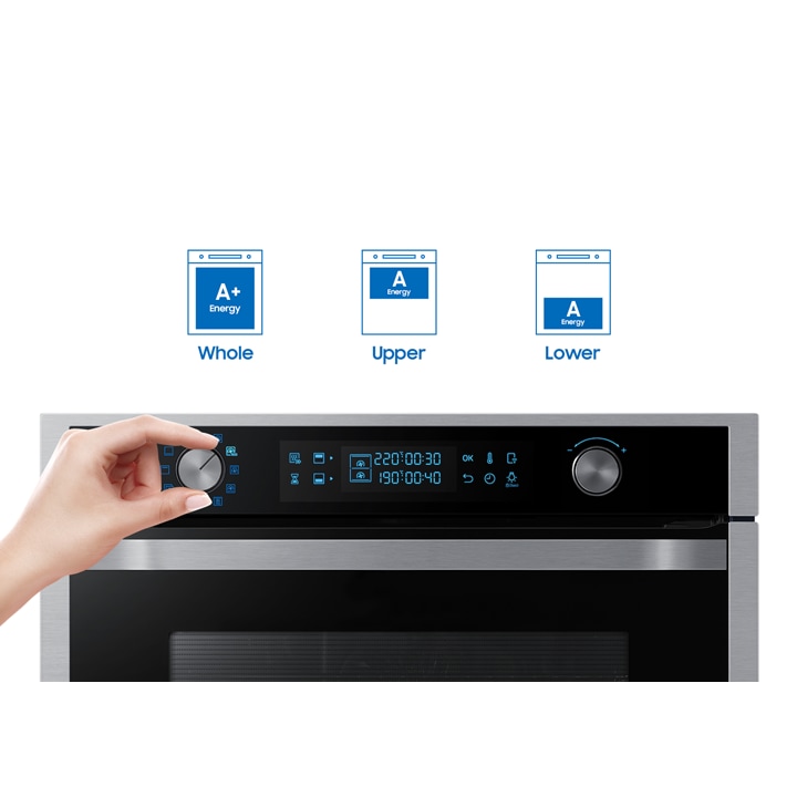 Photo of the Dual Cook Flex controls demonstrating the options to use the full oven, or upper or lower ovens