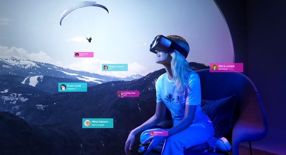 A women wearing Gear VR exploring virtual reality through Samsung VR apps with a backgroud of mountains.