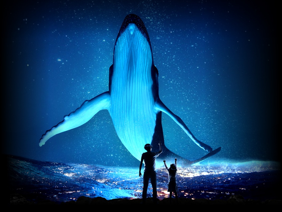 A man & a girl standing on the edge of a cliff, looking at a glowing gaint whale through VR apps.