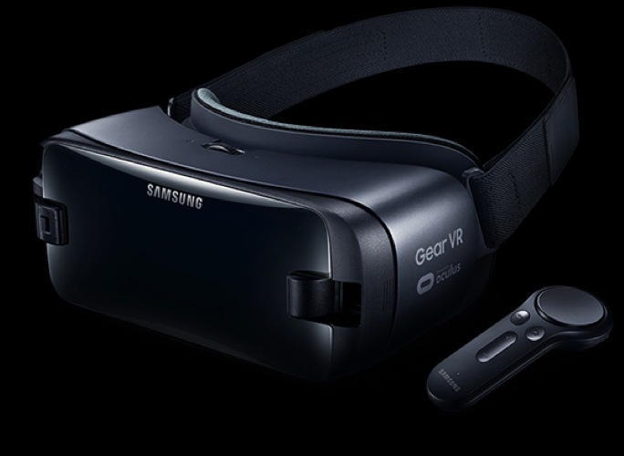 Front view of Galaxy VR headset with controller 