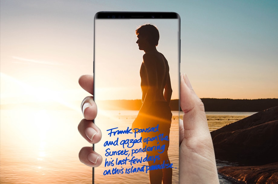 A hand holding the Samsung Note9 with and image of Montenegro in the phone and in the background