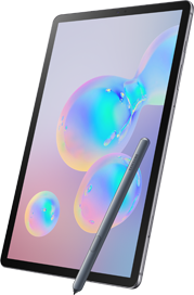 Mountain grey Galaxy Tab S6 is pictured titled with tablet screen displaying a pink toned wallpaper of floating bubbles. The Samsung S Pen is pictured in front of the Galaxy Tab S6 tablet.
