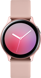 Close up shot of pink gold Galaxy Watch Active2 smartwatch with the watch face showing a digital clock with minimalist white clock hands on a pink and purple ombre background.