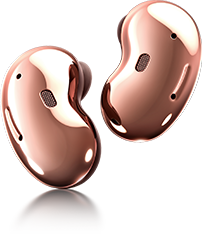 A pair of Mystic Bronze Samsung Galaxy Buds Live earbuds float in mid-air in front of a black background