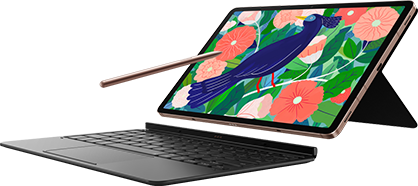 A Samsung Tab S7 tablet laptop is pictured with a bronze S Pen floating in front of the screen, in front of a black background