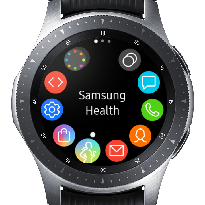Image of the Galaxy Watch Home screen icons with the Samsung Health icon selected as indicated by a white dot next to it