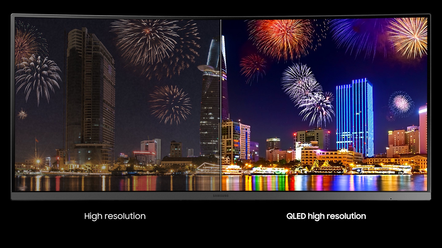 Er wordt vuurwerk getoond met op de achtergrond een nachtelijk zicht op een gebouw als voorbeeld van de Quantum Dot-technologie. De tekst geeft ook het verschil weer tussen de klassieke hoge resolutie en QLED hoge resolutie. 