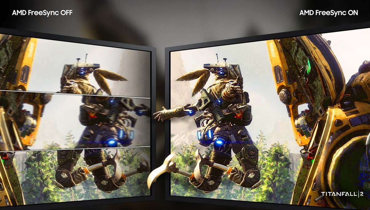 Esta é uma imagem que descreve a funcionalidade AMD FreeSync no monitor Samsung. À esquerda, exibe o recurso AMD FreeSync, que exibe a imagem quando o recurso AMD FreeSync não foi usado. AMD FreeSync Desligado e AMD FreeSync Ligado.