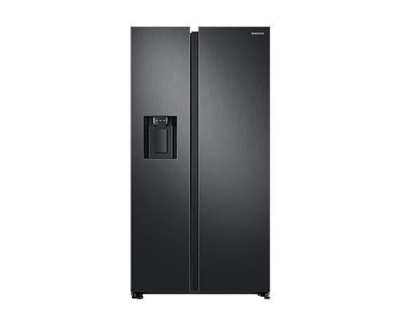 Samsung American style fridge freezer in dark grey with water dispenser.