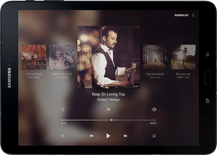 Front view of the Galaxy Tab S3 with image of music being played and illustrative depiction of music coming from the four speakers at each corner
