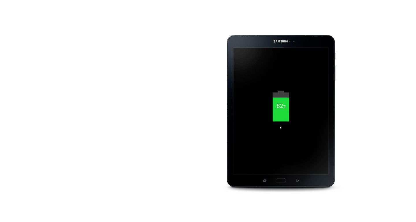 Front view of Galaxy Tab S3 with on-screen image of battery being charged