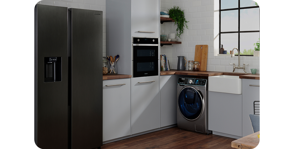 Kitchen integrated with Samsung Washing Machine, Smart Samsung Fridge and a Samsung oven