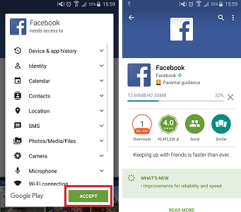 Check you are happy with Facebook's permissions, then touch Accept