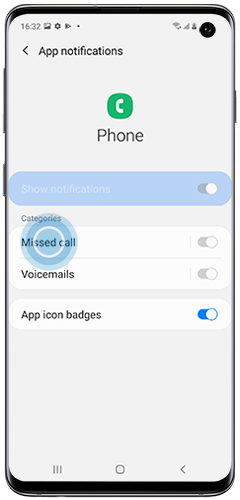Missed call app notifications for the Phone app is selected