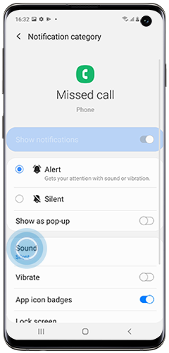 Sound is selected in the Notification category of the Phone app