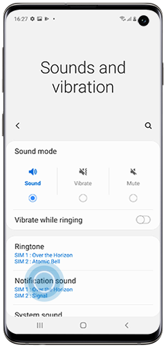 Notification sound is selected in the Sounds and vibration menu