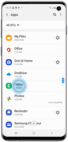 Phone app is selected in the Apps menu