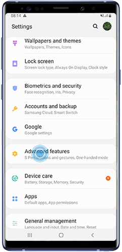 Tap Advanced Features in Settings menu on Galaxy Note10