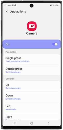 Select gesture to customise in App actions menu on Note10