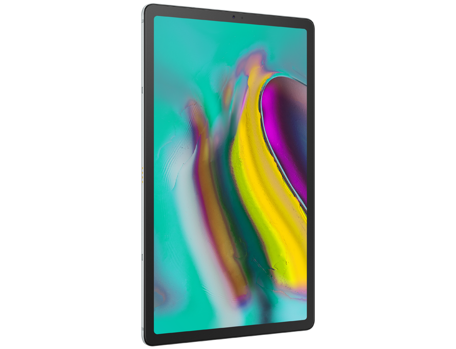 Un Galaxy Tab S5e plateado con un fondo de pantalla multicolor