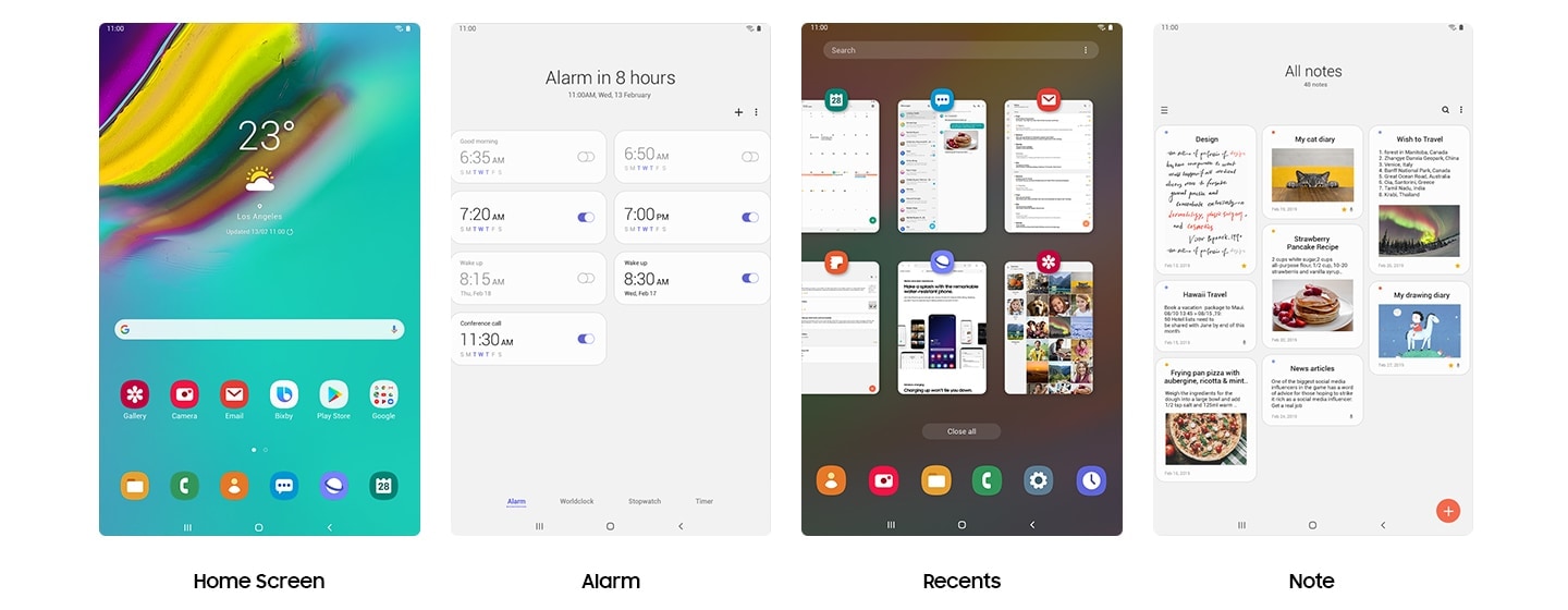 A selection of screens from the Tab S5e including home screen, alarm, recents and note.
