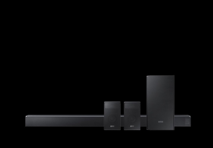 Front view of black, different sizes, 4 parts Samsung soundbar.